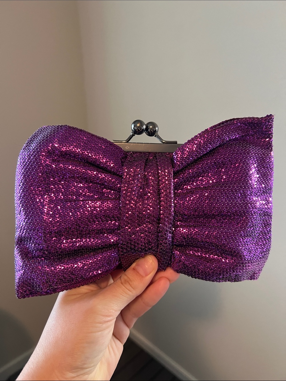 Betsey Johnson Purple Sequin Bow Clutch with shoulder strap